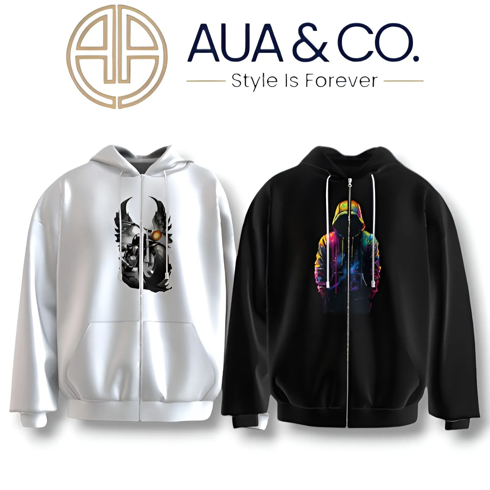 Bundle of 2 Men's Winter Zipper Hoodies – Black & White with Unique Graphic Prints | AUA&CO